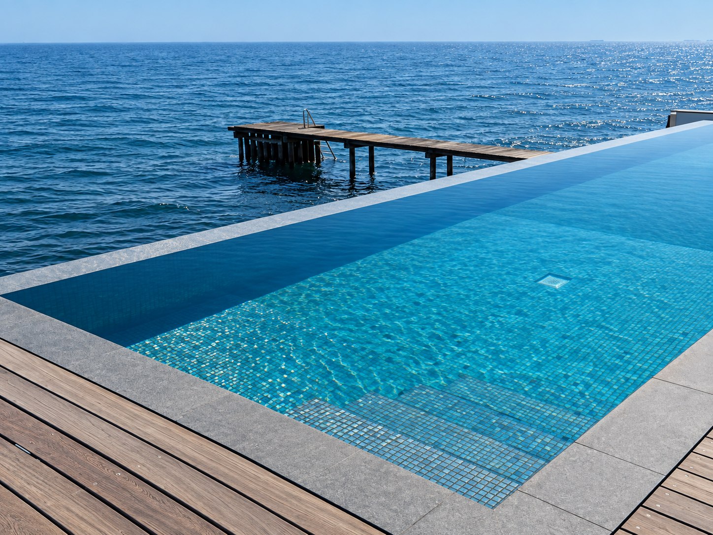 Pool med mosaik og havet i baggrunden
